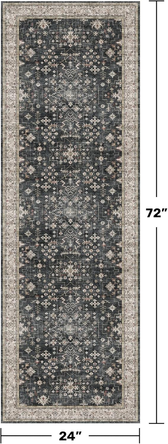 Black Boho Washable 2x6 Runner Rugs for Hallway Kitchen Bedroom Beside Laundry Room Bathroom Rug, Pet & Kids Friendly, Non Slip Low Pile Stain Resistant Soft Foldable Long 24 x 72 Floor Carpet