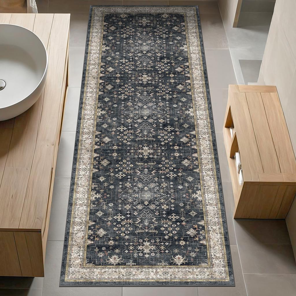 Black Boho Washable 2x6 Runner Rugs for Hallway Kitchen Bedroom Beside Laundry Room Bathroom Rug, Pet & Kids Friendly, Non Slip Low Pile Stain Resistant Soft Foldable Long 24 x 72 Floor Carpet