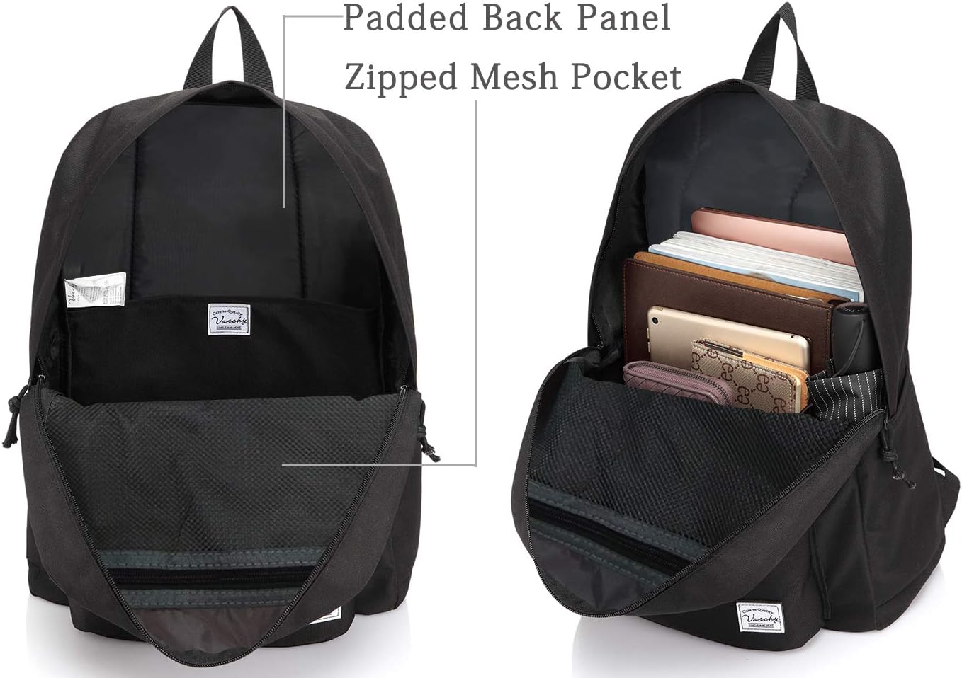 VASCHY Lightweight Backpack for School, Classic Basic Water Resistant Casual Daypack for Travel with Bottle Side Pockets (Black)