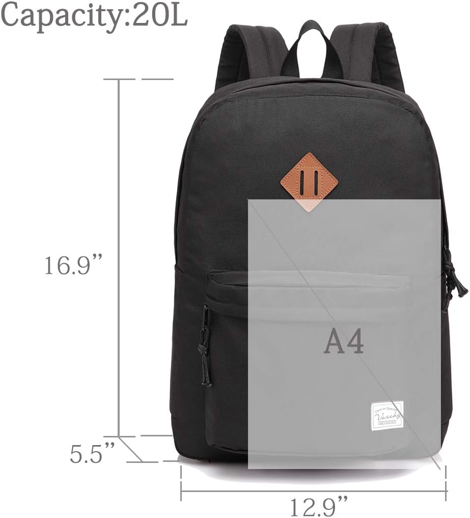 VASCHY Lightweight Backpack for School, Classic Basic Water Resistant Casual Daypack for Travel with Bottle Side Pockets (Black)