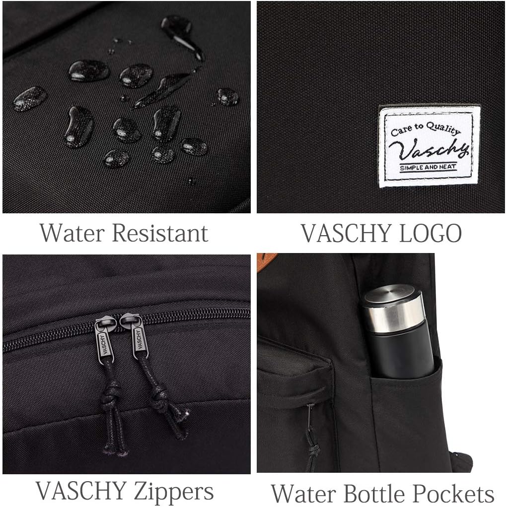 VASCHY Lightweight Backpack for School, Classic Basic Water Resistant Casual Daypack for Travel with Bottle Side Pockets (Black)