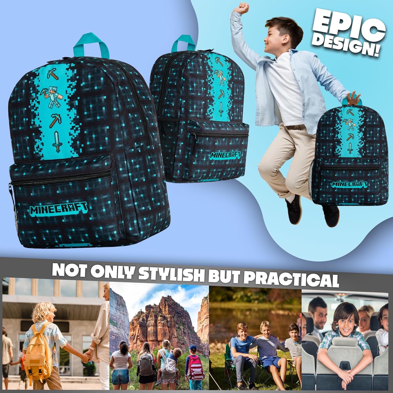 Minecraft Backpack for Boys Kids Teens Adjustable Straps Front Pocket Daypack Backpacks for Sports Gym School Gamer Gifts (Blue)