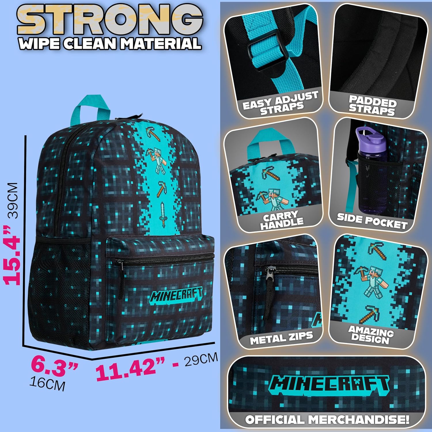 Minecraft Backpack for Boys Kids Teens Adjustable Straps Front Pocket Daypack Backpacks for Sports Gym School Gamer Gifts (Blue)